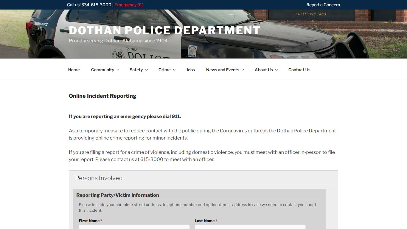 Online Incident Reporting – Dothan Police Department